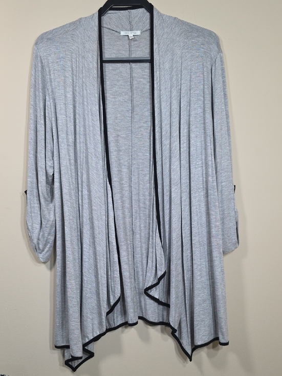 Ava James Sweaters - Ava James Light Gray Open Front Cardigan XL | Black Trim Draped Lightweight